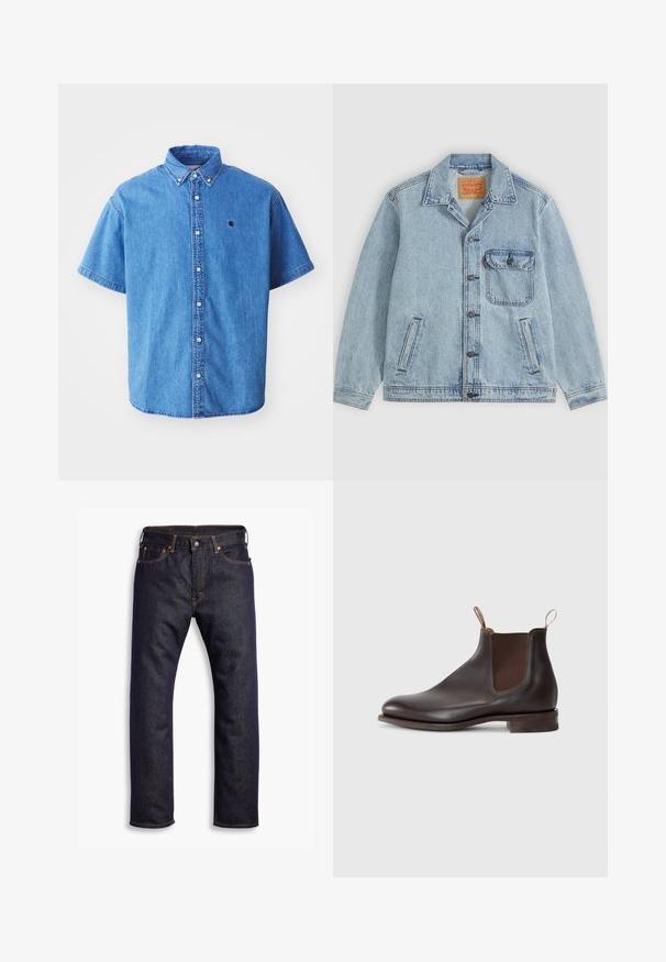 Veste en jean bleu clair avec fermeture à boutons devant, col pointu, une poche poitrine avec rabat et deux poches latérales. Étiquette Levi's visible à l'intérieur du col.; Chemise en denim à manches courtes de couleur bleu clair avec un col boutonné, comportant un logo sur la poitrine et des détails de couture visibles.; Jeans en denim bleu foncé à jambe droite avec cinq poches et des coutures en contraste orange, posés à plat sur un fond blanc.; Bottine Chelsea en cuir marron avec panneaux latéraux en élastique, tirette, bout arrondi et un petit talon empilé. Texture lisse, design minimaliste.