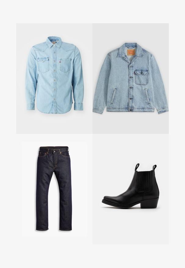 Lyseblå denimjakke med knaplukning foran, spids krave, en brystlomme med klap og to sidelommer. Synligt Levi's mærke inde i kraven.; Lys blå denim skjorte med lange ærmer, spids krave, to brystlommer, sølvnapsknapper og kontrastsyninger. Glat tekstur.; Mørkeblå lige ben denim jeans med fem lommer og orange kontrastsyning, lagt fladt ud mod hvid baggrund.; Kentucky's Western Cowboy- / bikerstøvlette - black