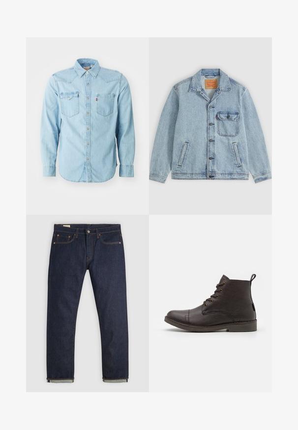 Veste en jean bleu clair avec fermeture à boutons devant, col pointu, une poche poitrine avec rabat et deux poches latérales. Étiquette Levi's visible à l'intérieur du col.; Chemise en denim bleu clair à manches longues avec un col pointu, deux poches poitrine, des boutons-pression argentés et des coutures contrastées. Texture lisse.; Jean en denim bleu foncé à coupe droite avec revers roulés, design cinq poches, rivets en cuivre et fermeture par bouton sur fond uni.; Bottines en cuir marron avec une texture lisse, bout rond, six œillets métalliques et une tirette à l'arrière. Semelle en caoutchouc plate.