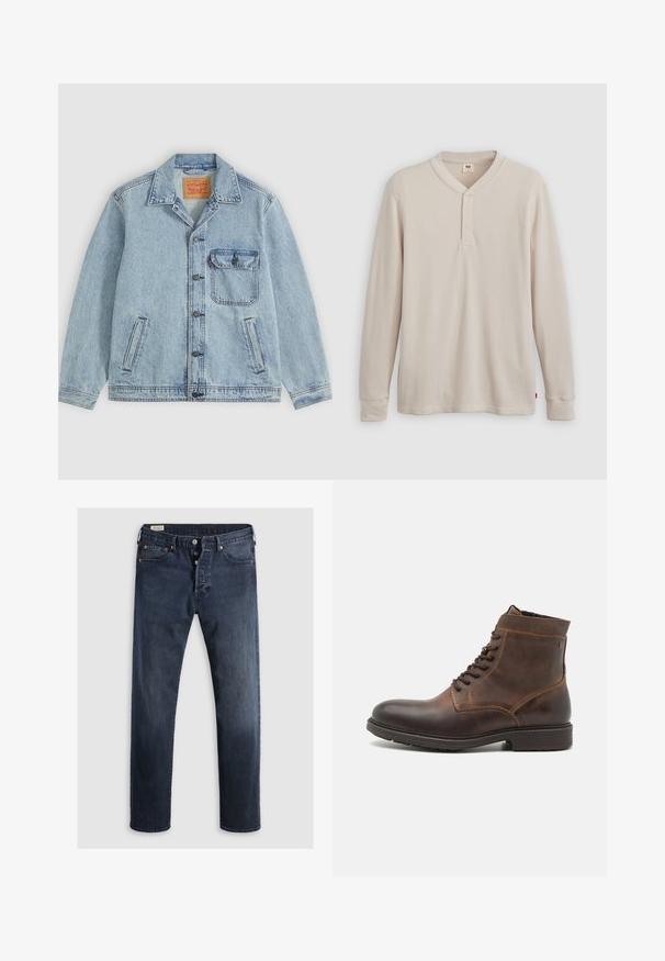 Lyseblå denimjakke med knaplukning foran, spids krave, en brystlomme med klap og to sidelommer. Synligt Levi's mærke inde i kraven.; Langærmet henley-skjorte i lys beige ribbet stof, med V-hals, tre-knap placket og manchetter ved ærmerne. Rød logo-tags ved kanten.; Mørkeblue denimjeans med lige ben, der har lynlås i fly, metalknapper og kobbernitter. Glat tekstur, ingen synlige mønstre.; Jack & Jones JFWDELANEY BOOT - Snørestøvletter - cognac
