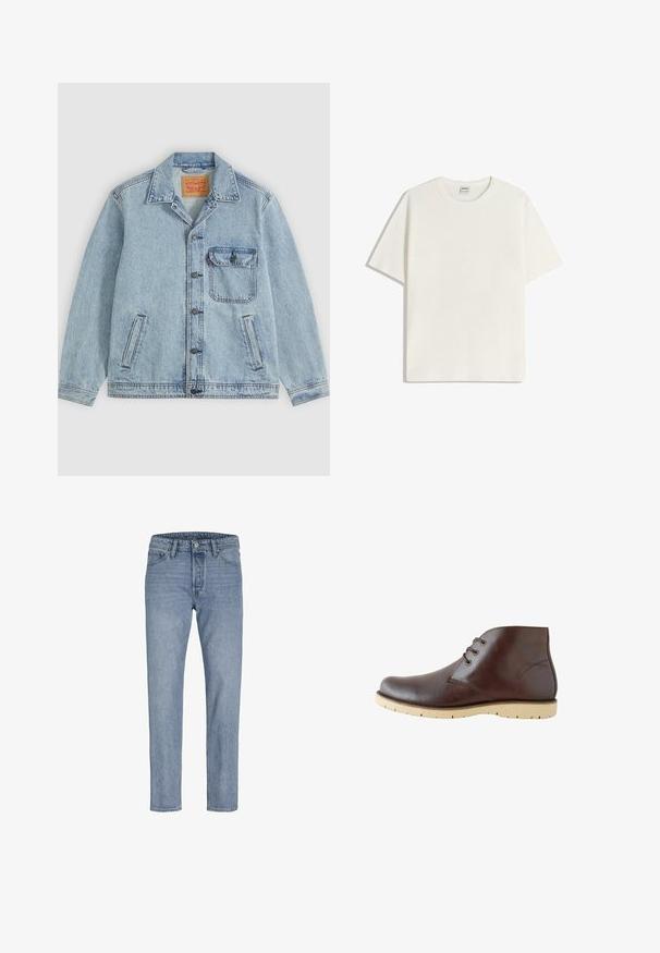 Veste en jean bleu clair avec fermeture à boutons devant, col pointu, une poche poitrine avec rabat et deux poches latérales. Étiquette Levi's visible à l'intérieur du col.; T-shirt blanc côtelé à manches courtes avec un col rond. Texture douce avec une coupe décontractée, sans motifs ni accents visibles.; Jeans en denim bleu clair avec une coupe droite, design à cinq poches, coutures piquées et fermeture à bouton à la taille.; Bottines en cuir marron avec une finition lisse, dotées de deux œillets de laçage, d'un bout arrondi et de semelles en caoutchouc léger avec des rainures de traction.
