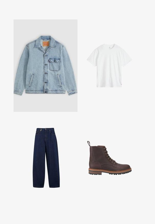 Lichtblauw spijkerjack met knopen aan de voorkant, puntige kraag, één borstzak met klep en twee zijzakken. Zichtbaar Levi's-label aan de binnenkant van de kraag.; Wit katoenen T-shirt met een ronde hals, korte mouwen en een ontspannen pasvorm. Voorzien van een klein merklipje aan de linkeronderkant.; Losse, donkerblauwe denim jeans met een hoge taille, frontzakken en een recht model. Inclusief zilverkleurige hardware en minimale stiksels.; Bruine leren veterschoenen tot boven de enkel met een gestructureerde afwerking, contrasterende beige zolen en metalen veteroogjes. Voorzien van een trekkoordje voor gemakkelijk aan- en uittrekken.