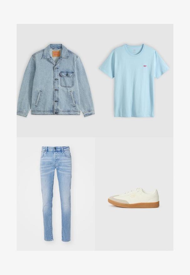 Hellblaue Denimjacke mit Knopfleiste vorne, spitzem Kragen, einer Brusttasche mit Klappe und zwei Seitentaschen. Sichtbares Levi’s-Label innen am Kragen.; Hellblaues T-Shirt mit kurzen Ärmeln und Rundhalsausschnitt mit kleinem rotem Levi's-Logo auf der linken Brust.; Helle blaue Denim-Jeans mit schlankem Schnitt, ausgestattet mit einem Fünf-Taschen-Design, Gürtelschlaufen und einem Knopfverschluss. Der Stoff hat eine weiche Textur.; Sneaker aus weißem Leder mit einer beigen Zehenkappe und leichter brauner Gummisohle. Verfügt über flache weiße Schnürsenkel und geprägtes Branding an der Seite.
