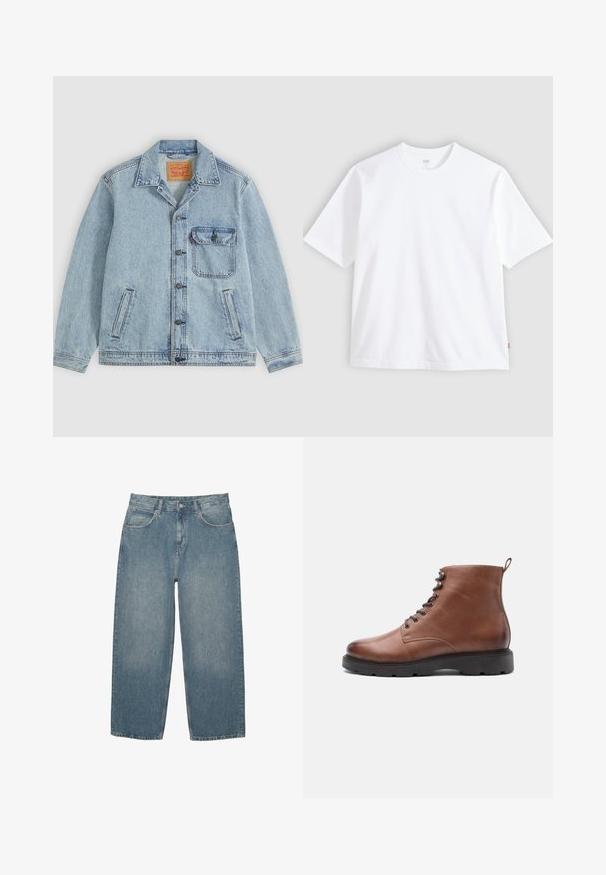 Lichtblauw spijkerjack met knopen aan de voorkant, puntige kraag, één borstzak met klep en twee zijzakken. Zichtbaar Levi's-label aan de binnenkant van de kraag.; Wit T-shirt met korte mouwen van katoen, met een ronde hals en een rechte snit. Label zichtbaar op de onderste zijzoom.; Blauwe high-waisted straight-leg jeans met voorzakken, riemlussen, knoopsluiting en subtiele vervaging op een witte achtergrond.; Bruine leren enkelboots met een ronde neus, veter sluiting en een zwarte rubberen zool. Voorzien van een lus aan de achterkant voor een gemakkelijker aan- en uittrekken.