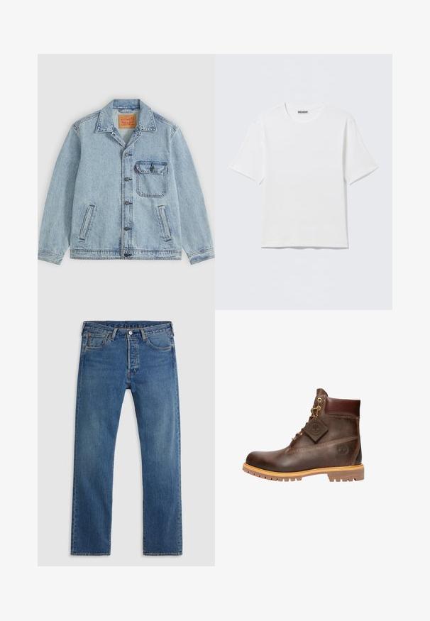 Hellblaue Denimjacke mit Knopfleiste vorne, spitzem Kragen, einer Brusttasche mit Klappe und zwei Seitentaschen. Sichtbares Levi’s-Label innen am Kragen.; Schlichtes weißes T-Shirt mit kurzen Ärmeln und Rundhalsausschnitt, mit einem kleinen "WEEKDAY"-Etikett an der Innenseite des Rückenkragens, auf einer flachen Oberfläche liegend dargestellt.; Blaue geradlinige Jeans aus Denim mit fünf Taschen, Gürtelschlaufen sowie einem Verschluss mit Knopf und Reißverschluss auf einem schlichten Hintergrund.; Braune Leder-Ankelstiefel mit runder Zehenpartie, robuster Sohle, goldfarbener Hardware und strukturiertem Obermaterial. Enthält ein angehängtes Logo-Tag.