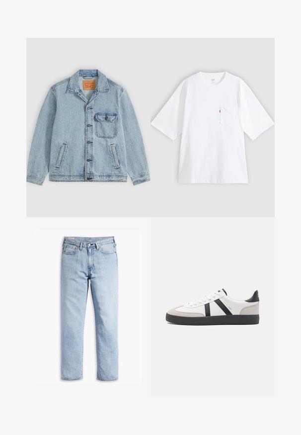 Hellblaue Denimjacke mit Knopfleiste vorne, spitzem Kragen, einer Brusttasche mit Klappe und zwei Seitentaschen. Sichtbares Levi’s-Label innen am Kragen.; Weißes Baumwoll-T-Shirt mit kurzen Ärmeln, rundem Ausschnitt und Brusttasche auf der linken Seite. Mit kleinem rotem Logotag an der Tasche.; Hellblaue Denim-Jeans mit geradem Bein, fünf Taschenstil und robusten Nähten. Ausgestattet mit einem Reißverschluss und einem Metallknopf.; Weiße Sneaker mit schwarz- und grau-aczenten, ausgestattet mit einer strukturierten grauen Zehenkappe, schwarzer Gummi-Sohle und flachen weißen Schnürsenkeln. Sauberes Design, minimalistische Stil.
