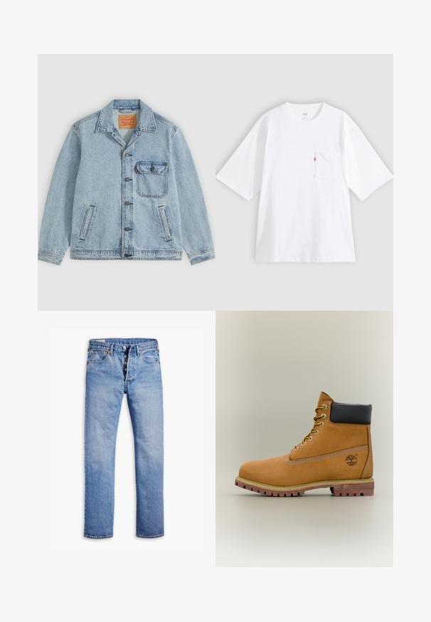 Hellblaue Denimjacke mit Knopfleiste vorne, spitzem Kragen, einer Brusttasche mit Klappe und zwei Seitentaschen. Sichtbares Levi’s-Label innen am Kragen.; Weißes Baumwoll-T-Shirt mit kurzen Ärmeln, rundem Ausschnitt und Brusttasche auf der linken Seite. Mit kleinem rotem Logotag an der Tasche.; Helle blaue Jeans mit geradem Bein, Fünf-Knopf-Verschluss, Gürtelschlaufen und dezentem Verblassen. Verfügt über zwei Fronttaschen und kupferfarbene Nieten.; Brauner Leder-Stiefelette mit schwarzem Kragen, gelben Schnürsenkeln und hellbrauner Sohle. Verfügt über ein Logo und weiße Ziernähe. Robuste Profilsohle.