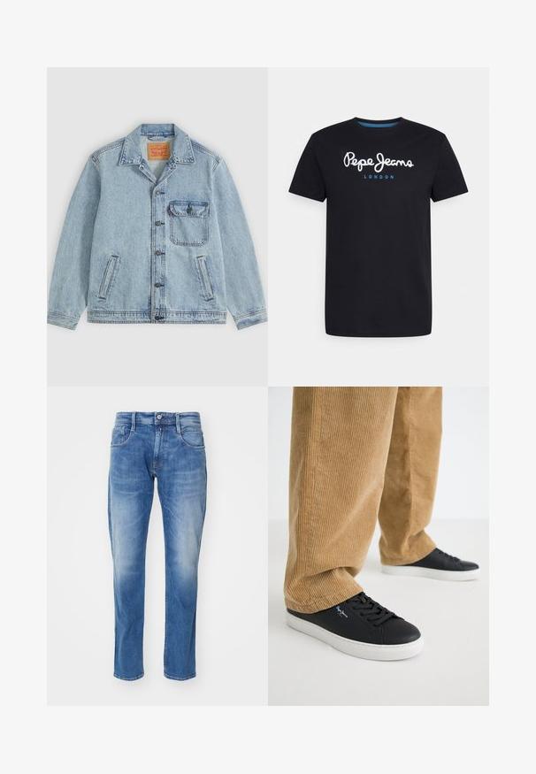 Lichtblauw spijkerjack met knopen aan de voorkant, puntige kraag, één borstzak met klep en twee zijzakken. Zichtbaar Levi's-label aan de binnenkant van de kraag.; Zwart katoenen T-shirt met een witte scriptlogo "Pepe Jeans" en een blauwe accent, ronde hals en korte mouwen. Eenvoudig, solide ontwerp.; Lichtblauwe denim jeans met een rechte pasvorm, vijf-pocket ontwerp, subtiele vervaging en een standaard tailleband met knoopsluiting.; Zwarte leren sneakers met witte rubberen zolen. Draagt een paar tan corduroy broeken met verticale ribbels en een ontspannen pasvorm.