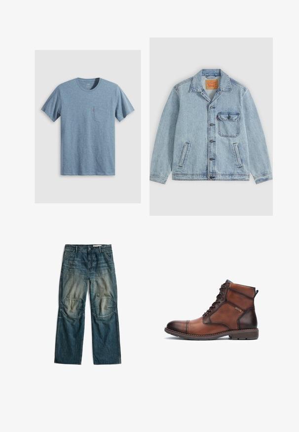 Hellblaue Denimjacke mit Knopfleiste vorne, spitzem Kragen, einer Brusttasche mit Klappe und zwei Seitentaschen. Sichtbares Levi’s-Label innen am Kragen.; Blaues T-Shirt mit kurzen Ärmeln und Rundhalsausschnitt mit einer Brusttasche, die ein kleines rotes Etikett auf weißem Hintergrund trägt.; Blaue Jeanshose mit verstärkten Knie-Einsatzstücken und Vordertaschen, flach auf weißem Hintergrund präsentiert.; Braunleder- und Stoff-Herrenstiefel mit Knöchelhöhe, Schnürung, Nähdetails, flachem Absatz und Markenlogo an der Seite.