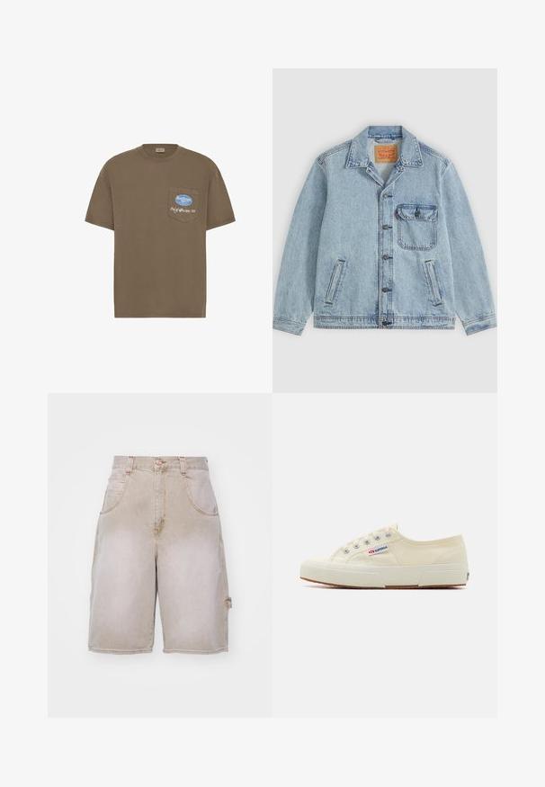 Veste en jean bleu clair avec fermeture à boutons devant, col pointu, une poche poitrine avec rabat et deux poches latérales. Étiquette Levi's visible à l'intérieur du col.; T-shirt en coton marron avec une poche poitrine ornée d'un texte brodé en bleu et blanc "SoulScape Out of office since '99". Coupe classique, manches courtes.; Shorts en denim beige avec une coupe décontractée, dotés de deux poches avant et d'une poche latérale, taille structurée et détails de décoloration légère.; Baskets en toile beige au design épuré, œillets en métal et semelle en caoutchouc. Présente un motif texturé et un détail de logo sur le côté.