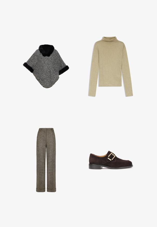 Grå tekstureret poncho med sort faux fur krave og manchetter. Har et guldtrimmet accent langs kanten. Blødt materiale, løs pasform.; Lysebeige langærmet rullekravetrøje i blødt stof med løs pasform, der har en subtil struktur og to sidesømme.; Brune uld bukser med fiskebenmønster, vidde ben, opbukket kant og detaljer med knapper ved taljebåndet.; Mørkebrune ruskindsko med en lav blokhælel, der har et fremtrædende guldspænde som accent og en glat overflade. Klassisk form med minimal pynt.