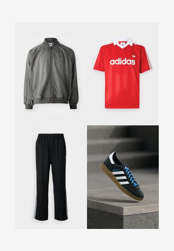Veste de sport grise avec col et poignets côtelés, fermeture éclair sur toute la longueur, rayures sur les côtés, et un petit logo sur la poitrine. Texture douce.; Maillot de sport Adidas rouge avec col blanc, trois bandes blanches sur les manches et logo Adidas centré sur la poitrine.; Pantalons de sport noirs avec une taille élastique, ornés de rayures blanches sur les côtés et d'un petit logo. Le matériau semble doux et léger.; Baskets Adidas noires avec des rayures blanches, des lacets bleus et une semelle en gomme flottant au-dessus d'une marche en béton grise sous une lumière douce.