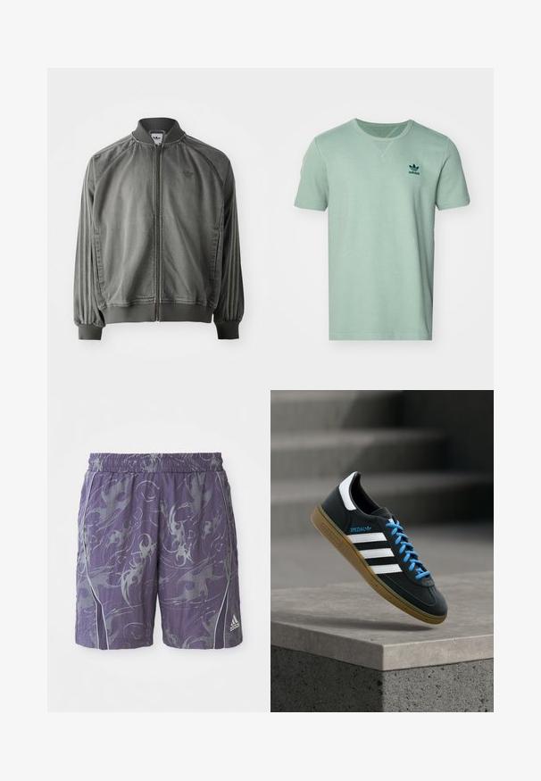 Chaqueta deportiva gris con cuello y puños acanalados, cremallera de longitud completa, rayas laterales y un pequeño logotipo en el pecho. Textura suave.; Camiseta de manga corta color menta con un patrón texturizado, cuello redondo y logo de adidas en verde oscuro en el lado izquierdo del pecho.; Pantalones cortos deportivos morados con patrones abstractos plateados, cinturilla elástica, ribetes laterales y logo de Adidas en la parte inferior de la pierna derecha.; Zapatilla negra Adidas con franjas blancas, cordones azules y suela de goma flotando sobre un escalón de hormigón gris con luz suave.