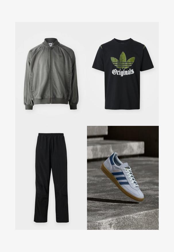 Grijze sportjack met ribgebreide kraag en manchet, ritssluiting over de volle lengte, zijstrepen en een klein logo op de borst. Zachte textuur.; Zwarte katoenen t-shirt met een versleten groene grafiek met drie strepen en het woord "Originals" hieronder in het wit, ronde halslijn, korte mouwen.; Zwarte nylont broek met een elastische tailleband, voorzien van een lichte, gestructureerde afwerking en naadaccenten voor een modern ontwerp.; Lichtblauwe Adidas Spezial sneaker met marineblauwe strepen en rubberen zool, getoond in de lucht boven betonnen trappen in een neutrale buitenomgeving.