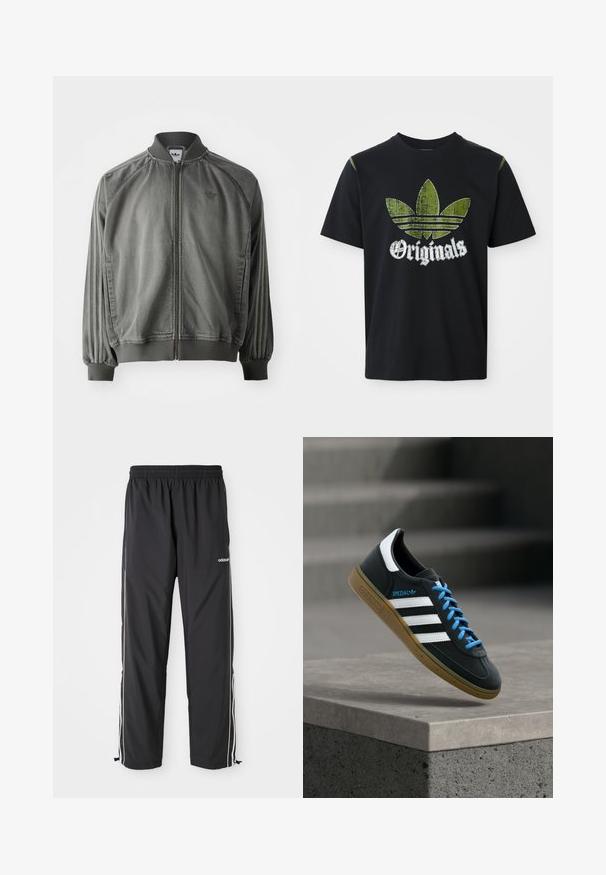Grå sportsjakke med ribbet krave og manchetter, lynlås i fuld længde, sidelister og et lille logo på brystet. Blød tekstur.; Sort bomulds T-shirt med et slidt grønt grafik med tre striber og ordet "Originals" nedenfor i hvidt, rund halsudskæring, korte ærmer.; Sorte atletiske bukser lavet af letvægtsstof, med hvide sidelister, elastisk talje og justerbare ankelmanchetter.; Sort Adidas sneaker med hvide striber, blå snørebånd og gummisål, der svæver over gråt betontrin i blødt lys.