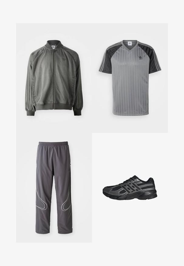 Grijze sportjack met ribgebreide kraag en manchet, ritssluiting over de volle lengte, zijstrepen en een klein logo op de borst. Zachte textuur.; adidas Originals T-shirt print - black/grey; Heren grijze sportbroeken met een elastische tailleband, ritssloten en reflecterende witte accenten aan de zijkanten. Lichtgewicht, zachte textuur.; Zwarte sportschoenen gemaakt van mesh en synthetische materialen, met een getextureerd oppervlak, meerdere grijze strepen en een gevoerde kraag.