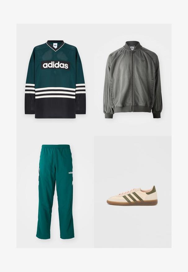 Grå sportsjakke med ribbet krave og manchetter, lynlås i fuld længde, sidelister og et lille logo på brystet. Blød tekstur.; Grøn og sort Adidas-trøje med V-udskæring, lange ærmer, meshtekstur og en markant hvid logo på brystet med stribede detaljer.; Grønne træningsbukser lavet af letvægtsstof, med elastisk talje, sidelommer og hvidt Adidas-logo på venstre side.; Beige Adidas Spezial sneaker med lav profil, grønne striber, gummisål og "SPEZIAL"-branding på siden, vist fra ydersiden.