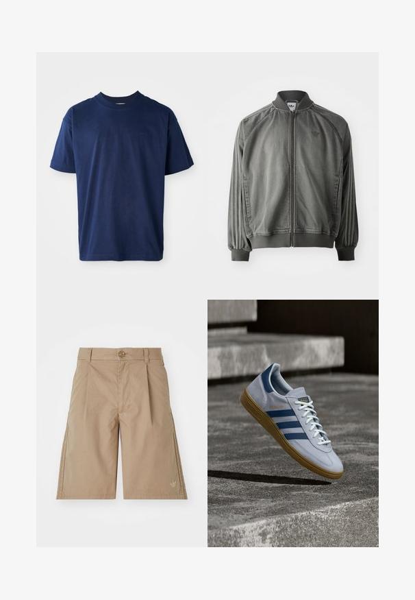 Grå sportsjakke med ribbet krave og manchetter, lynlås i fuld længde, sidelister og et lille logo på brystet. Blød tekstur.; Marineblå bomulds T-shirt med rund hals, korte ærmer og et diskret præglogo på brystet. Enkel flad design, blød tekstur.; Beige bomulds shorts med lige snit, frontfald og en enkelt knaplukning. Har et diskret logo på den nederste venstre side.; Lyseblå Adidas Spezial sneakers med marineblå striber og gummisål, vist i luften over betontrapper i et neutralt udendørsmiljø.