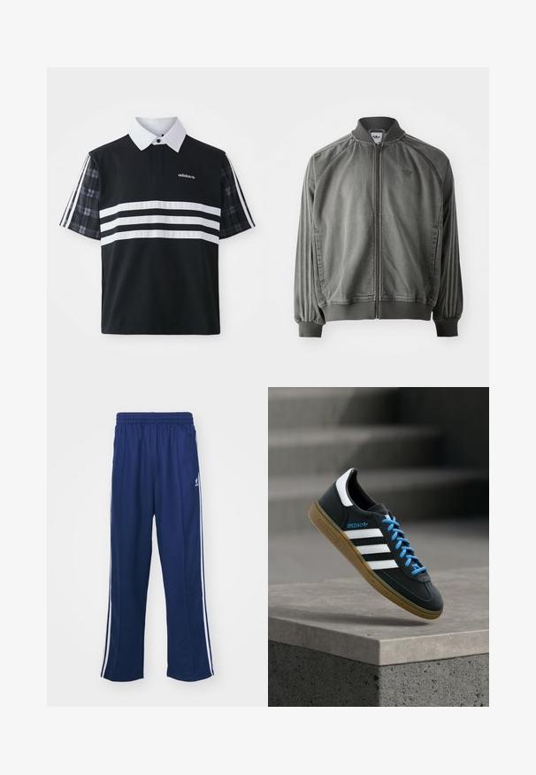 Chaqueta deportiva gris con cuello y puños acanalados, cremallera de longitud completa, rayas laterales y un pequeño logotipo en el pecho. Textura suave.; Camisa polo negra con rayas blancas y un logotipo; cuenta con mangas cortas de cuadros y un cuello blanco con una hilera de botones.; Pantalones deportivos en azul marino con un corte relajado, que presentan franjas laterales blancas y una cintura elástica. Tejido suave, sin patrones visibles ni herrajes.; Zapatilla negra Adidas con franjas blancas, cordones azules y suela de goma flotando sobre un escalón de hormigón gris con luz suave.