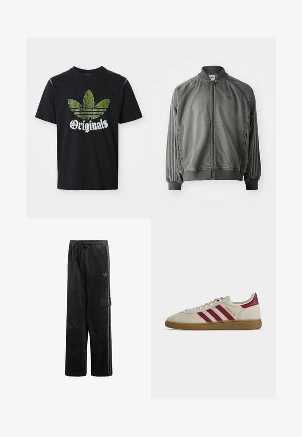 Chaqueta deportiva gris con cuello y puños acanalados, cremallera de longitud completa, rayas laterales y un pequeño logotipo en el pecho. Textura suave.; Camiseta de algodón negra con un gráfico verde desgastado que presenta tres rayas y la palabra "Originales" debajo en blanco, cuello redondo, mangas cortas.; Pantalones negros de pana con cintura elástica, cordón ajustable, bolsillo cargo lateral, logo sutil de Adidas y rayas laterales bicolor.; Zapatilla beige Adidas Spezial con tres franjas burdeos, lengüeta trasera burdeos, suela de goma y texto dorado "Spezial" en el lateral.