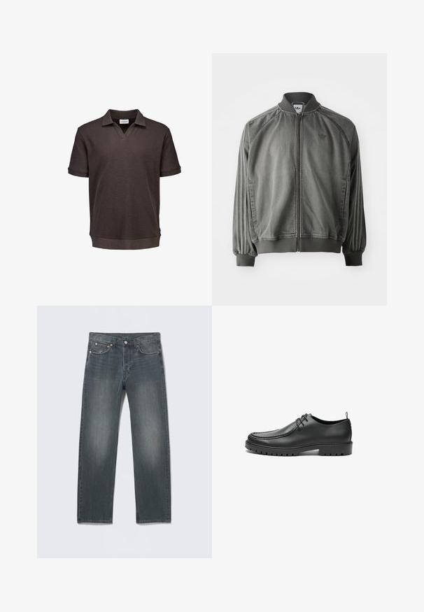 Veste de sport grise avec col et poignets côtelés, fermeture éclair sur toute la longueur, rayures sur les côtés, et un petit logo sur la poitrine. Texture douce.; Polo à manches courtes de couleur marron foncé avec un col en V et un tissu légèrement texturé, présenté sur un fond blanc.; Jean en denim gris foncé à jambes droites avec poches avant, passants de ceinture, fermeture par bouton et détails délavés subtils.; Chaussures en cuir noir avec une finition lisse, bout arrondi et coutures décoratives. Elles possèdent une semelle en caoutchouc avec des rainures de traction et un laçage.