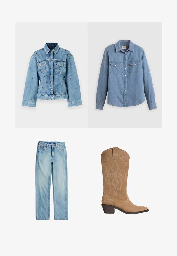 Hellblaue Jeansjacke mit einem kragenlosen Ausschnitt, Knopfverschluss und zwei Brusttaschen; mit metallischen Nietenakzenten durchgehend.; Hellblaues Jeanshemd mit langen Ärmeln, Knopfleiste vorne, zwei Brusttaschen und klassischem Kragen. Glatte Textur und lockere Passform.; Hellblaue Jeans aus Denim mit geraden Beinen, vorne mit Knopf und Reißverschluss, Gürtelschlaufen sowie Vorder- und Hintertaschen.; Tanfarbene Wildleder-Cowboystiefel mit bestickter dekorativer Naht, mittelhohem gestapeltem Absatz und Zugschlaufe am Schaft.