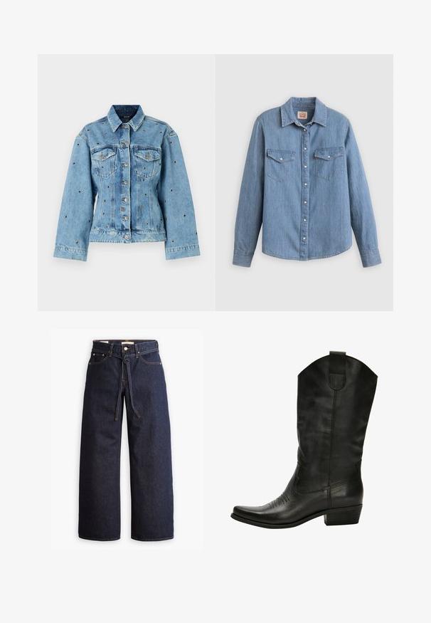Lyseblå denimjakke med krave, knaplukning og to brystlommer; prydet med metalliske nitter hele vejen igennem.; Lyseblå denimskjorte med lange ærmer, knapper foran, to brystlommer og klassisk krave. Glat tekstur og afslappet pasform.; Bredde ben mørkeblå denim jeans med høj talje, der har snoretræk, fem lommer og kontrastsyet detaljer.; Sorte læder cowboy støvler med spids tå, diskrete syninger og en stablet hæl. Har en høj skaft og en trækflige.
