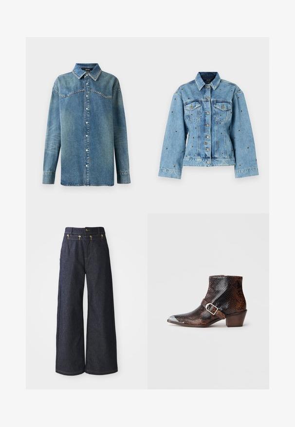 Veste en denim bleu clair avec un col, fermeture à boutons et deux poches poitrine ; présente des accents en clous métalliques. ; Chemise en denim bleu à manches longues avec boutons-pression, col pointu et détails en strass le long du devant et des bords du col.; Jeans à jambes larges en denim foncé, dotés d'une taille haute, d'une fermeture à double bouton et de surpiqûres contrastées le long des coutures.; Bottines à imprimé serpent noir et brun avec un embout en métal argenté, accent de boucle et un petit talon en bois. Texture lisse, design ajusté.