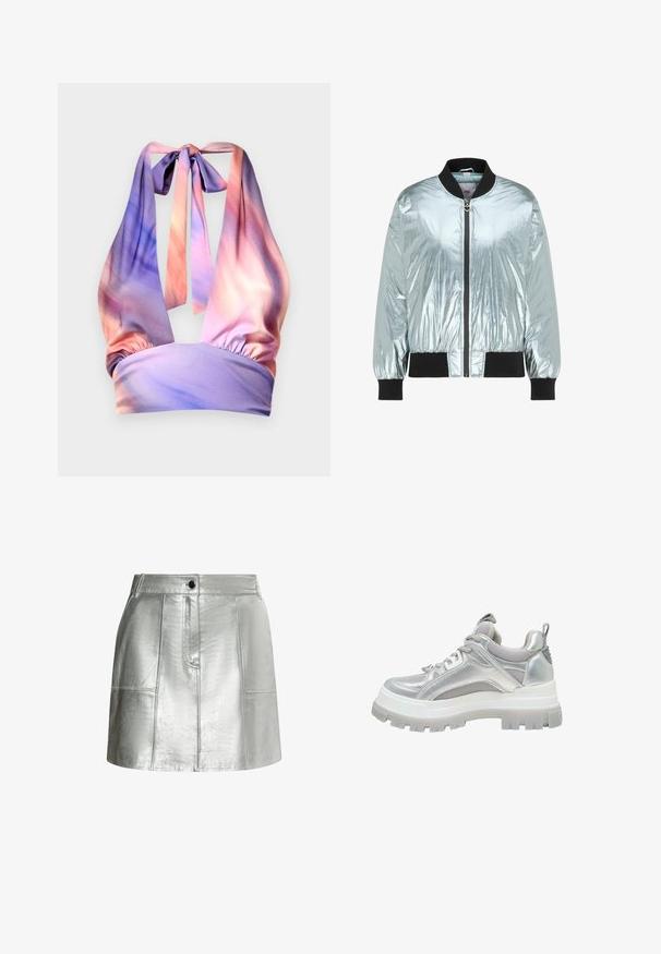 Veste bomber argentée brillante avec col, poignets et bas côtelés noirs, et une fermeture éclair frontale avec un tirette en forme de cœur.; Haut à col halter en tissu doux, présentant des nuances de rose et de violet pastel, avec un bandeau élastique froncé et des liens au dos.; Jupe argentée métallique avec une texture lisse, taille ajustée et détails en panneaux. Présente une fermeture à bouton à l'avant et des lignes épurées.; Baskets à semelle épaisse argentées avec panneaux en mesh, col matelassé, fermeture à lacets et languette au talon, vues de profil.