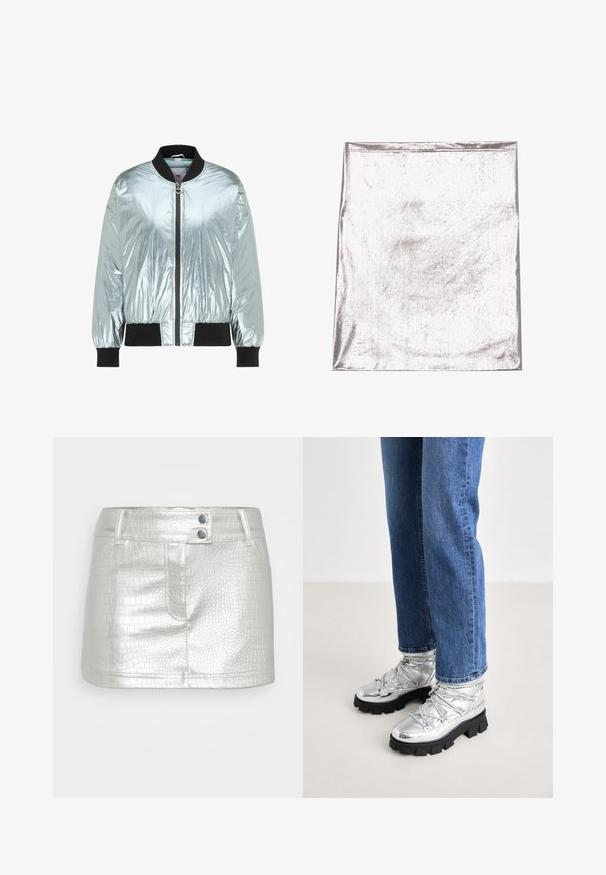 Veste bomber argentée brillante avec col, poignets et bas côtelés noirs, et une fermeture éclair frontale avec un tirette en forme de cœur.; Tissu argenté métallique avec une texture lisse et un léger éclat. Forme rectangulaire, bords soigneusement cousus, sans motifs ou accents marquants.; Jupe en cuir synthétique argenté avec un motif crocodile texturé, dotée de deux accents de boutons bleus et d'un design ajusté.; Bottines argentées métalliques avec une semelle noire robuste, présentant un dessus rembourré et des lacets, associées à un jean droit bleu.