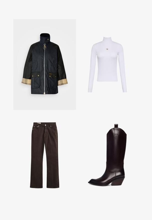 Marineblauwe jas met een hoge kraag, ritssluiting aan de voorkant, twee zakken aan de voorkant en contrasterende zwarte mouwen. Voorzien van gouden accenten en tartan details.; Witte lange mouwen coltrui top met een klein Calvin Klein-logo midden op de borst.; Donkerbruine spijkerbroek met rechte pijpen, voorsluiting met knoop, rits en vijfzakkenmodel op witte achtergrond.; Bruine leren cowboylaars met een puntige neus, hoge schacht en hellende houten hak. Voorzien van een lus voor gemakkelijke aan- en uittrekken.