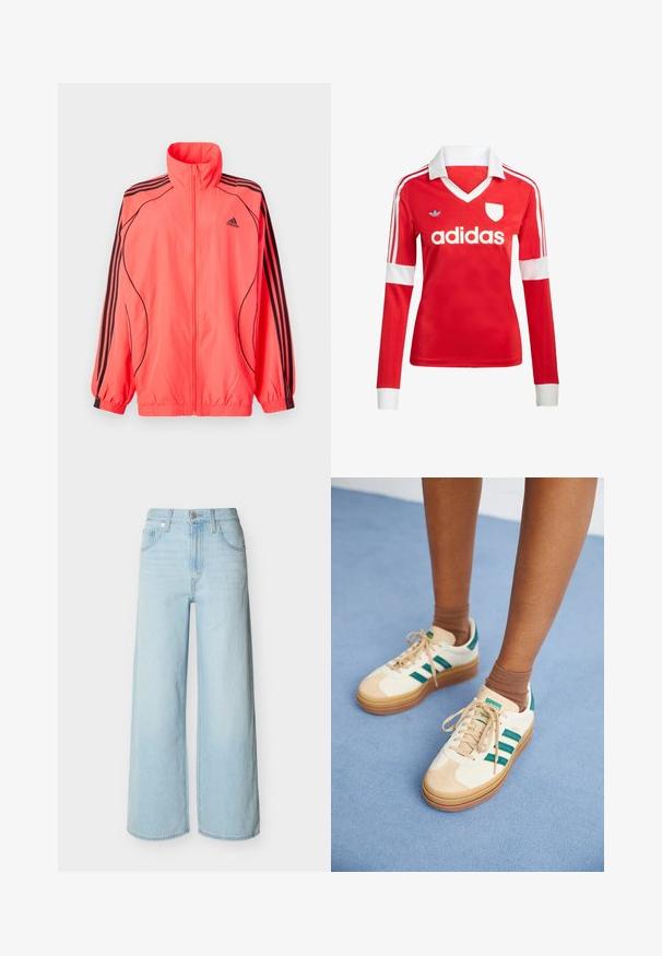 Helle pinke Zip-Jacke mit hohem Kragen, schwarzen Akzenten und drei schwarzen Streifen an jedem Ärmel; aus leichtem, glattem Stoff gefertigt.; Rotes Fußballtrikot mit langen Ärmeln, weißem Kragen und weißen Ärmelbündchen. Es hat drei weiße Streifen auf den Schultern und das "adidas"-Logo ist auffällig platziert.; Hellblaue Jeans mit weitem Bein, vorne mit Knopf- und Reißverschluss, Gürtelschlaufen und klassischem Fünf-Taschen-Design.; Beige Sneakers mit dunkelgrünen Streifen, Gummisohle, Obermaterial aus Wildleder und Textil sowie neutralen Hardwareteilen, kombiniert mit braunen Socken auf einer hellblauen Oberfläche.