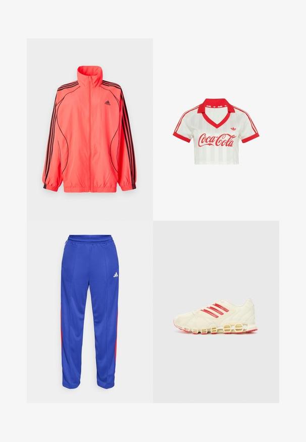 Felroze ritsjack met hoge kraag, zwarte accenten en drie zwarte strepen op elke mouw; gemaakt van lichtgewicht, gladde stof.; Witte crop top met rode kraag en manchetten, rode Adidas-strepen op de mouwen en een rood Coca-Cola-logo op de borst.; Blauwe sportbroek met rode zijstrepen, elastische tailleband en een klein wit logo op de bovenste linkerkant van de broek. Glad, lichtgewicht materiaal.; Sportschoen met een romige witte bovenkant, rode strepen aan de zijkant en een kenmerkende geluschte zool; het mesh-materiaal zorgt voor ademend vermogen.