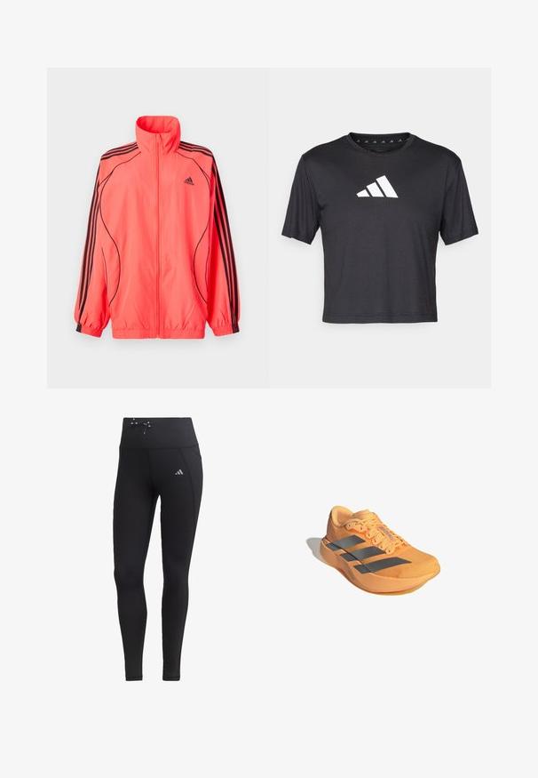 Lyserød hættetrøje med lynlås og høj krave, sorte accenter og tre sorte striber på hver ærme; lavet af let, glat stof.; Sort cropped t-shirt lavet af glat stof, prydet med et hvidt Adidas-logo på brystet, rund halsudskæring og korte ærmer.; Sorte leggings med høj talje, snøre-detalje og sidelommer. Fremstillet af glat materiale med reflekterende logo-accent.; Adizero løbesko i lys orange med et struktureret overdel, tre grå striber og en let sål for forbedret ydeevne.