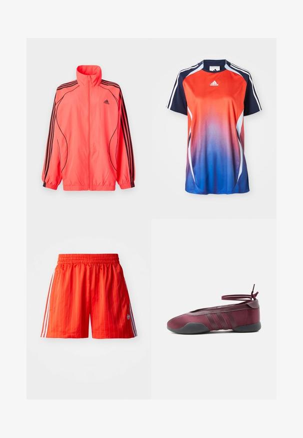 Žiarivo ružová bunda na zips s vysokým golierom, čiernymi akcentmi a tromi čiernymi pruhmi na každom rukáve; vyrobená z ľahkej, hladkej látky.; Adidas športová košeľa s krátkym rukávom s gradientom od červenej po modrú, s námorníckymi akcentmi a bielymi pruhmi pozdĺž ramien.; Červené športové šortky s vertikálnymi bielymi pruhmi, elastickým pásom a svetlomodrými akcentmi po stranách. Obsahujú bočné vrecká.; Burgundské balerínky s čiernou podrážkou, elastickými remienkami na členku zviazanými do mašle a prešívanými detailmi na bokoch, zobrazené z vonkajšej strany.
