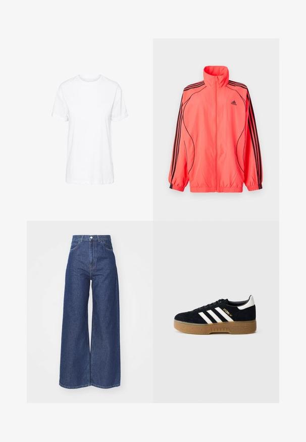 Lyserød hættetrøje med lynlås og høj krave, sorte accenter og tre sorte striber på hver ærme; lavet af let, glat stof.; Hvid bomulds t-shirt med korte ærmer, rund hals og en afslappet pasform, med en glat tekstur og uden synlige mønstre.; Bredde ben jeans lavet af mørkeblå denim. Høj talje med lynlås og knaplukning. Har klassisk fem-lomme stil og omfoldede kanter.; Sort ruskindssneaker med hvide tre striber og guldfarvet logo. Sål i gummi med tekstureret greb. Klassisk lavtop-design med rundet tå.