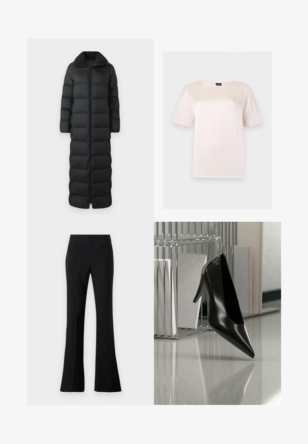 Long manteau en doudoune noir avec un col montant, présentant des sections matelassées horizontales et une fermeture éclair à l'avant. Le matériau semble lisse et isolé.; T-shirt en coton rose clair à manches courtes avec un col rond et une étiquette noire de la marque BOSS à l'intérieur du col.; Pantalons évasés noirs en tissu lisse avec une taille haute, dotés de deux poches arrière et d'un pli sur le devant de chaque jambe.; Chaussure noire à talon haut avec bout pointu et logo doré, posée sur une surface réfléchissante près d'un organiseur de dossiers en fil chromé contenant des documents.