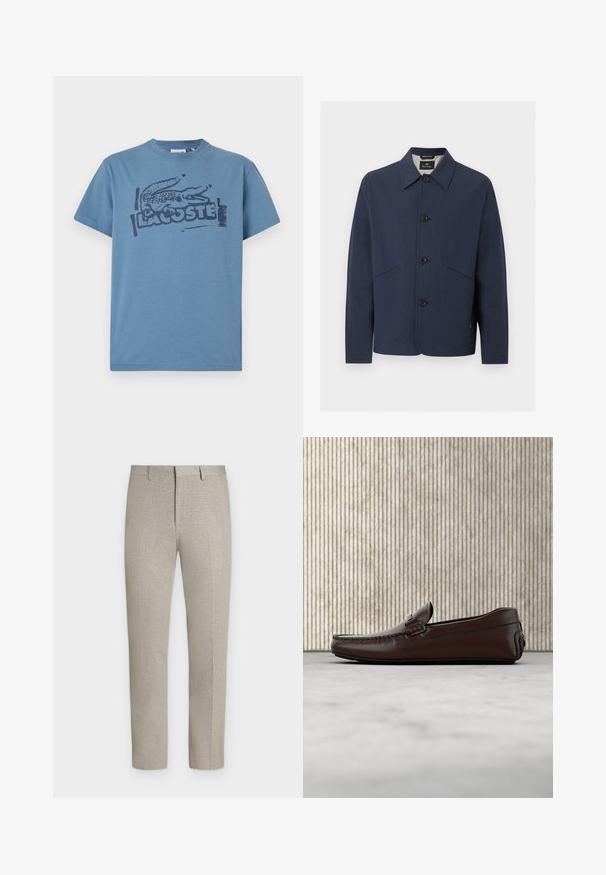 Navyblaue Hemdjacke mit Kragen, langen Ärmeln und zwei diagonalen Fronttaschen, aus strukturiertem Stoff gefertigt.; Blaues Baumwoll-T-Shirt mit einem dunklen bedruckten Krokodil-Logo und dem Text "LACOSTE". Rundhalsausschnitt, kurze Ärmel, lockere Passform.; Hellbeige maßgeschneiderte Hose mit Gürtelschlaufen und einem schlanken, geraden Schnitt, dargestellt vor einem schlichten weißen Hintergrund.; Braune Leder-Loafer mit glatter Oberfläche, Mokassinstich, erhöhtem Zehenbereich und einer flexiblen Gummisohle in niedriger Höhe.