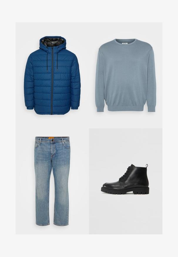 Gewatteerd jack in donkerblauw met gestikte panelen, een capuchon en een ritssluiting aan de voorkant. Voorzien van elastische manchetten en een contrasterende zwarte voering.; Lichtblauwe trui van gebreide stof, met een ronde halslijn en geribde manchetten en zoom. Eenvoudig ontwerp met een zachte textuur.; Lichtblauwe denim jeans met een rechte pasvorm, voorzien van vijf zakken, een knoopsluiting en een oranje merklabel op de tailleband.; Zwarte leren enkellaarzen met een ronde neus, vetersluiting aan de voorkant en een gestructureerde rubberen zool. Voorzien van een trekband op de hak voor eenvoudig aan- en uittrekken.
