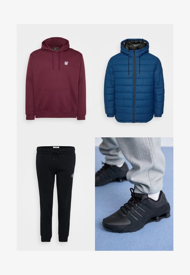 Gewatteerd jack in donkerblauw met gestikte panelen, een capuchon en een ritssluiting aan de voorkant. Voorzien van elastische manchetten en een contrasterende zwarte voering.; Bordeaux capuchon sweatshirt van zachte stof, met een voorkantzak en een klein wit logo op de borst. Lange mouwen en geribbelde manchetten.; Zwarte sweatpants van zacht materiaal, met een elastische tailleband, een trekkoord, zijzakken en een klein logo op de heup.; Persoon in zwarte Nike Shox sneakers en een grijze joggingbroek staand op een lichtblauw tapijt.