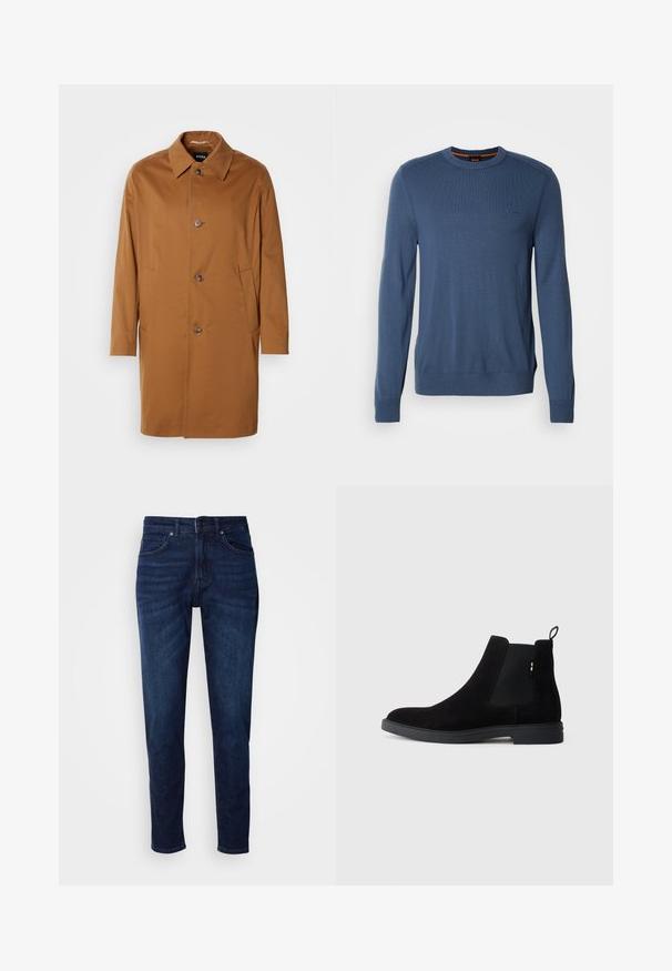 Manteau beige avec un col, deux poches latérales et trois boutons à l'avant. Fabriqué en tissu lisse, présentant un design à coupe droite.; Pull en tricot bleu avec un col rond, des poignets et un ourlet côtelés. Présente un logo discret sur la poitrine et une texture lisse.; Jean en denim bleu foncé avec une coupe droite, comportant des poches et une fermeture à bouton à la taille. Texture douce, détails de décoloration minimes.; Bottines Chelsea en suède noir avec panneaux élastiques sur les côtés, bout rond et semelle en caoutchouc basse. Dotées d'une languette à l'arrière pour un enfilage facile.