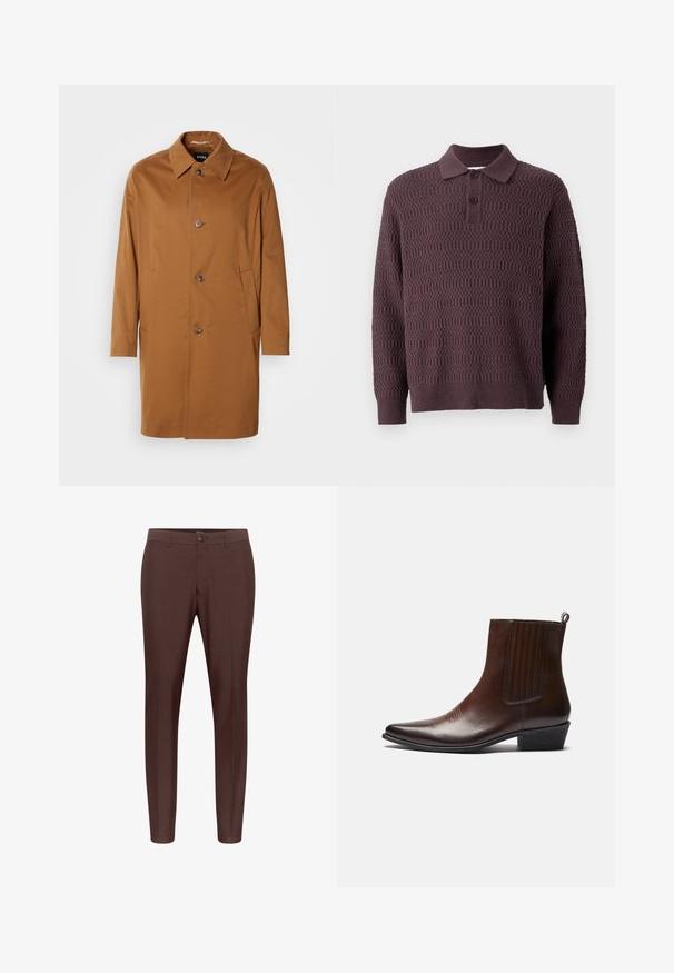 Brauner Trenchcoat mit Kragen, zwei Seitentaschen und drei vorderen Knöpfen. Hergestellt aus glattem Stoff, mit einem geraden Schnitt.; Dunkelvioletter Strickpolo-Pullover mit strukturiertem Muster, ausgestattet mit einem Knopfkragen und gerippten Bündchen, die eine lockere Passform bieten.; Braune maßgeschneiderte Hose mit flachem Frontdesign, Gürtelschlaufen und einem einzigen Knopfverschluss. Hergestellt aus einem glatten Stoff mit geradem Bein.; Braune Leder-Ankle-Boots mit spitzer Spitze, elastischen Seitenteilen, strukturierten Details auf der Vorderseite und einem niedrigen, gestapelten Absatz.