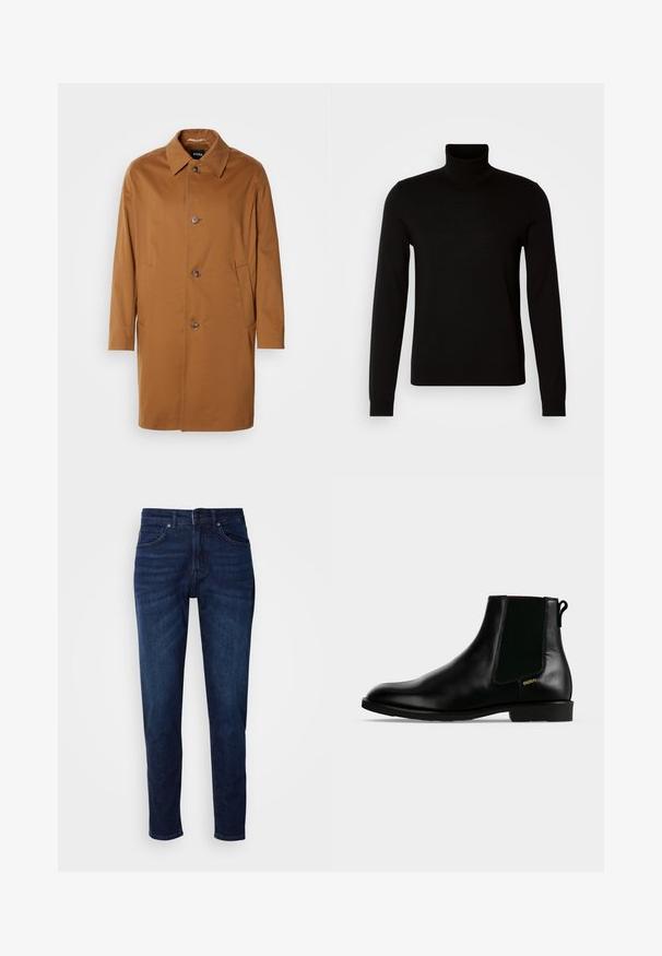 Brauner Trenchcoat mit Kragen, zwei Seitentaschen und drei vorderen Knöpfen. Hergestellt aus glattem Stoff, mit einem geraden Schnitt.; Schwarzer Rollkragenpullover aus feiner Strickware, mit langen Ärmeln und taillierter Silhouette. Glatte Textur mit gerippten Bündchen.; Dunkelblaue Jeans aus Denim mit geradem Bein, ausgestattet mit Taschen und einem Knopfverschluss an der Taille. Weiche Textur, minimale Ausbleichungen.; Schwarzer Lederknöchel-Stiefel mit elastischem Seiteneinsatz, niedrigem Absatz, Zuglasche hinten und kleinem goldenem "HUGO" Logo an der Außenseite.