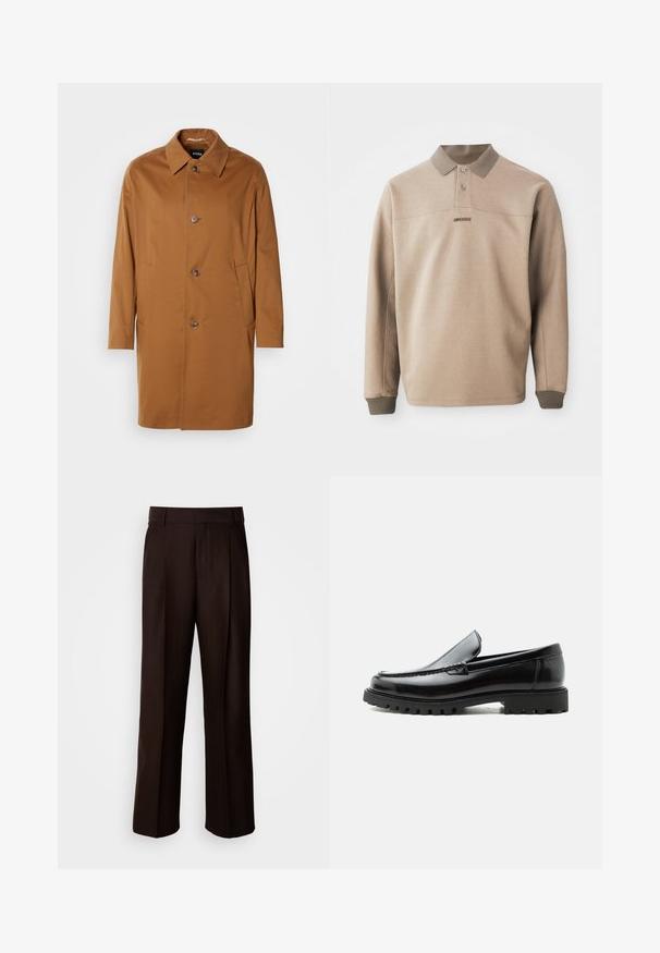 Manteau beige avec un col, deux poches latérales et trois boutons à l'avant. Fabriqué en tissu lisse, présentant un design à coupe droite.; Polo beige en tissu doux, avec un col et des poignets côtelés, deux boutons et un logo discret à l'avant.; Pantalons marron ajustés avec une coupe droite, présentant un pli avant, une texture lisse et une taille classique. Adaptés pour les occasions formelles.; Mocassin en cuir noir avec semelle en caoutchouc épaisse, dessus cousu et nom de marque embossé sur le talon, présenté de profil sur fond blanc.