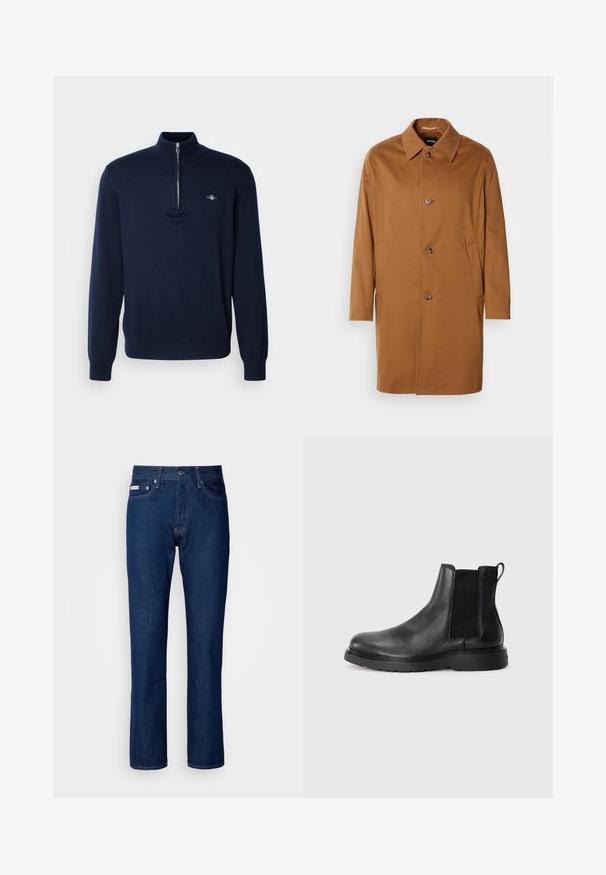 Abrigo trench marrón con cuello, dos bolsillos laterales y tres botones en la parte delantera. Está hecho de una tela suave y presenta un diseño de corte recto.; Suéter de terciopelo azul marino con cuello de media cremallera, textura suave de punto, mangas largas y un pequeño logo en el lado izquierdo del pecho.; Jeans de denim azul oscuro con un diseño de pierna recta, que cuentan con una cremallera y cierre de botón, cinco bolsillos y detalles de costura sutiles.; Botas Chelsea de cuero negro con acabado texturizado, paneles laterales elásticos y una suela de goma resistente. Marca sutil en el talón.