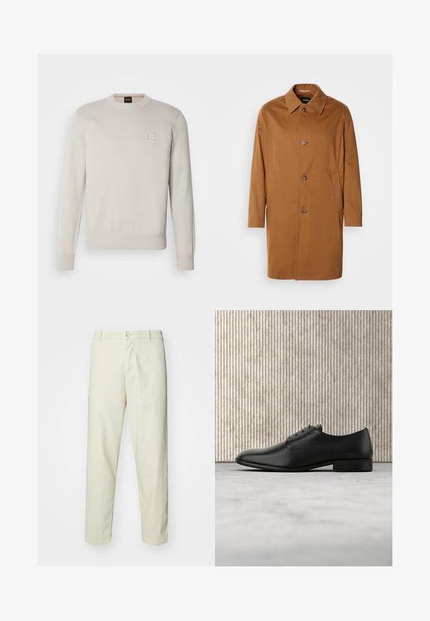 Brauner Trenchcoat mit Kragen, zwei Seitentaschen und drei vorderen Knöpfen. Hergestellt aus glattem Stoff, mit einem geraden Schnitt.; Heller beiger Strickpullover mit langen Ärmeln, Rundhalsausschnitt, geripptem Saum und Bündchen, mit einem kleinen rechteckigen Logo auf der Brust.; Hellbeige Baumwollhosen mit geradem Bein, ausgestattet mit einem vorderen Knopfverschluss und normalen Taschen, glatter Textur und ohne Muster.; Schwarze Leder-Halbschuh mit schlankem Design, runder Zehenform, fünf Ösen für die Schnürsenkel und einem kleinen, erhöhten Absatz. Dezentes, geprägtes Logodetail.