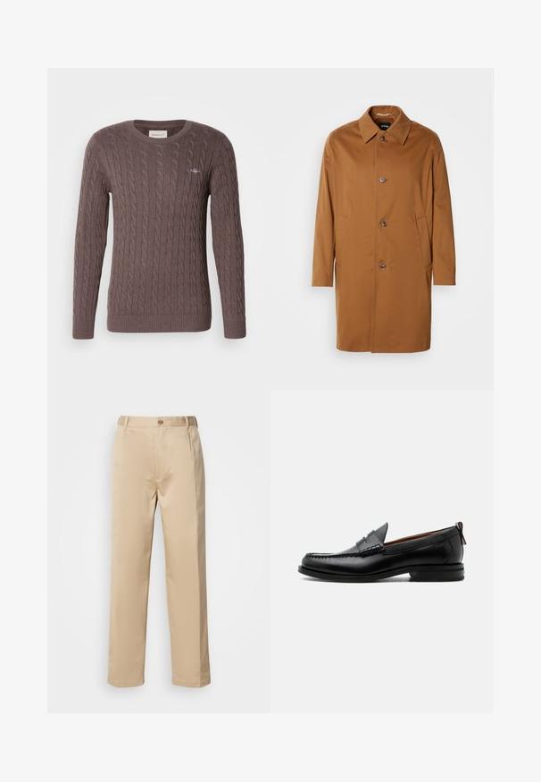 Manteau beige avec un col, deux poches latérales et trois boutons à l'avant. Fabriqué en tissu lisse, présentant un design à coupe droite.; Pull en tricot brun avec un col rond, des manches longues et des poignets et un ourlet côtelés. Présente un petit logo brodé sur la poitrine.; Pantalons beiges en tissu léger, avec une coupe droite, une taille avec passants de ceinture et une fermeture à bouton sur le devant.; Mocassin homme en cuir noir avec couture moc toe, bride penny, col texturé et petit talon empilé sur fond blanc.