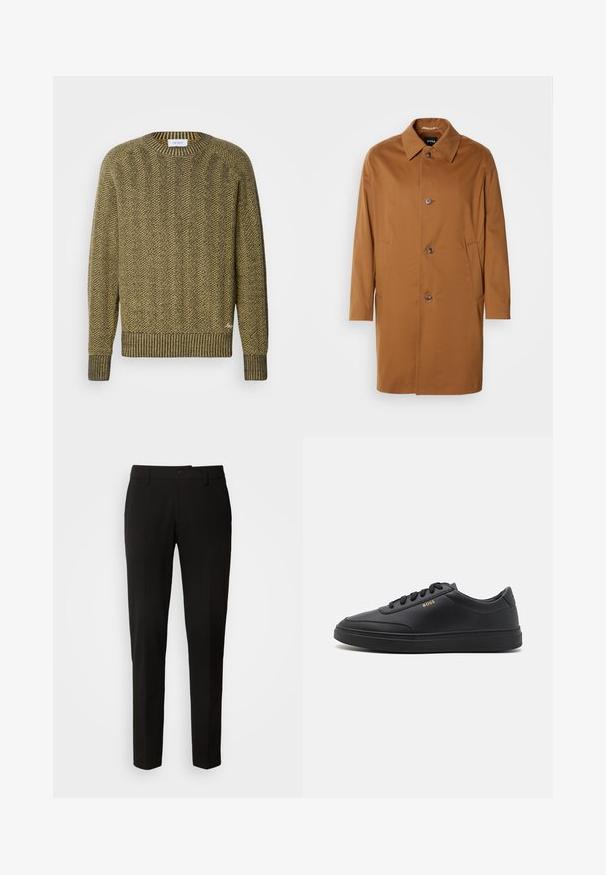 Brun trenchcoat med krave, to sidelommer og tre frontknapper. Fremstillet af glat stof og med et lige snit.; Grøn og gul herringbone striktrøje med ribbet rund hals og manchetter, der har et struktureret vævet mønster over hele trøjen.; Sorte bukser med lige ben design, der har knaplukning, bæltestropper og en glat stofstruktur. Ingen synlige mønstre eller accenter.; Sorte lædersneakers med en glat overflade, rund tå, flad gummisål og tonede snørebånd. Udstyret med guld "BOSS" branding på siden.