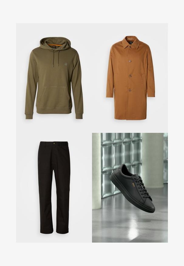 Brun trenchcoat med krave, to sidelommer og tre frontknapper. Fremstillet af glat stof og med et lige snit.; Oliven grøn hoodie lavet af blødt stof, med en lomme foran, justerbar snoretræk på hætten og et diskret logo-patch på brystet.; Sorte bomuldsbukser med lige pasform, bæltestropper, lynlås foran og en enkelt knappelukning. Glat tekstur uden synlige mønstre.; Sort lavtopet lædersneaker med sorte snørebånd og gyldent BOSS-logo på siden, svævende over en blank grå gulv i et moderne indendørs rum.