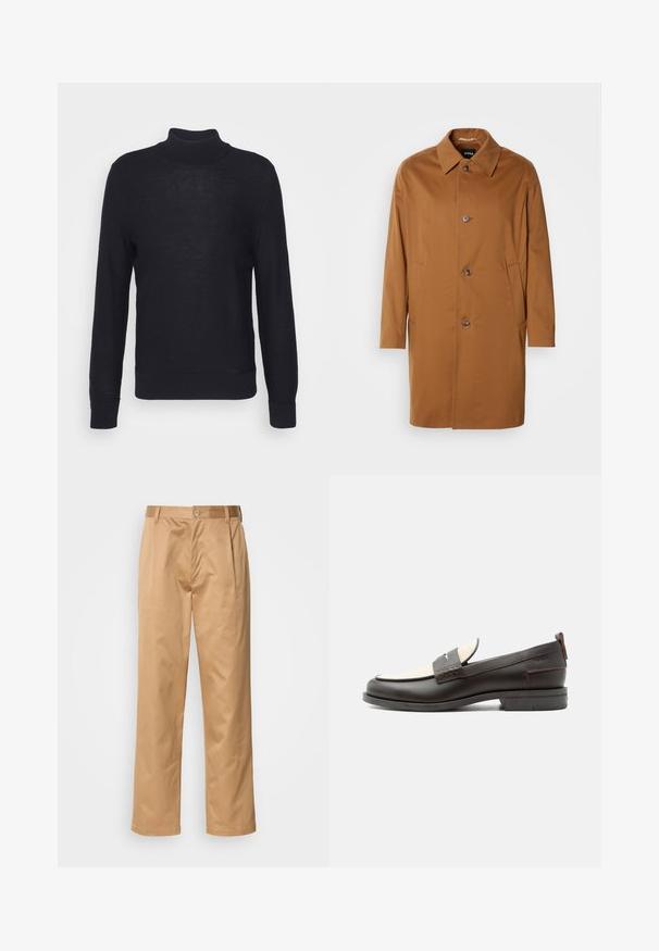Brun trenchcoat med krave, to sidelommer og tre frontknapper. Fremstillet af glat stof og med et lige snit.; Sort turtleneck sweater lavet af letvævet materiale, med lange ærmer og ribbede manchetter og bund. Subtil tonal branding på brystet.; Khaki bukser, blanding af bomuld, lige ben-design, frontfald, bæltesløjfer og knaplukning. Glat tekstur uden mønstre.; Mørkebrune herresko i læder med cremefarvet stofpanel og klassisk syning på remmen, flad sål og trækskærm ved hælen.